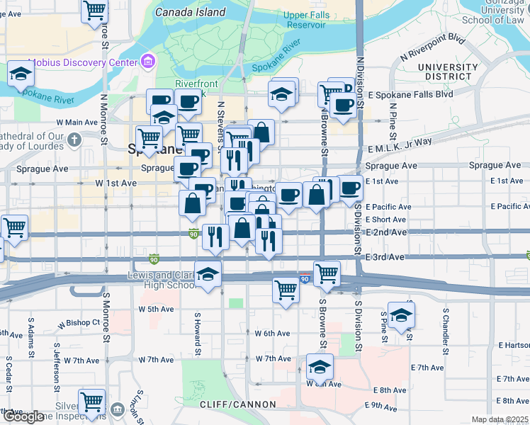 map of restaurants, bars, coffee shops, grocery stores, and more near 303 West Pacific Avenue in Spokane