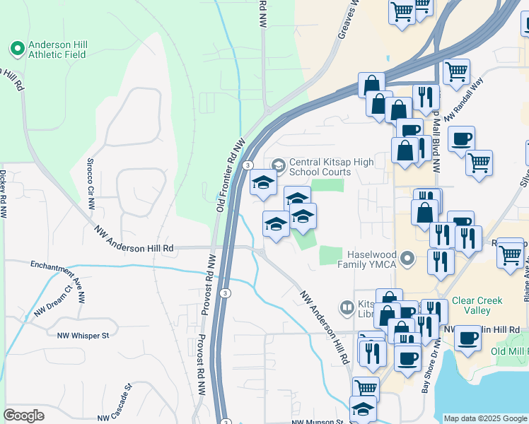 map of restaurants, bars, coffee shops, grocery stores, and more near 10120 Frontier Place Northwest in Silverdale