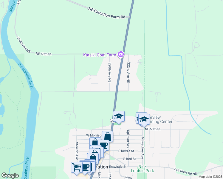 map of restaurants, bars, coffee shops, grocery stores, and more near 5506 320th Avenue Northeast in Carnation