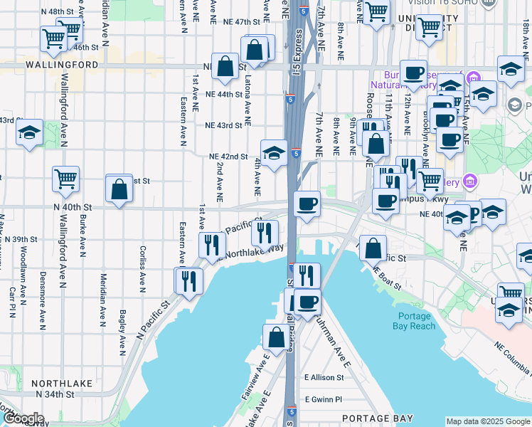 map of restaurants, bars, coffee shops, grocery stores, and more near 3829 6th Avenue Northeast in Seattle