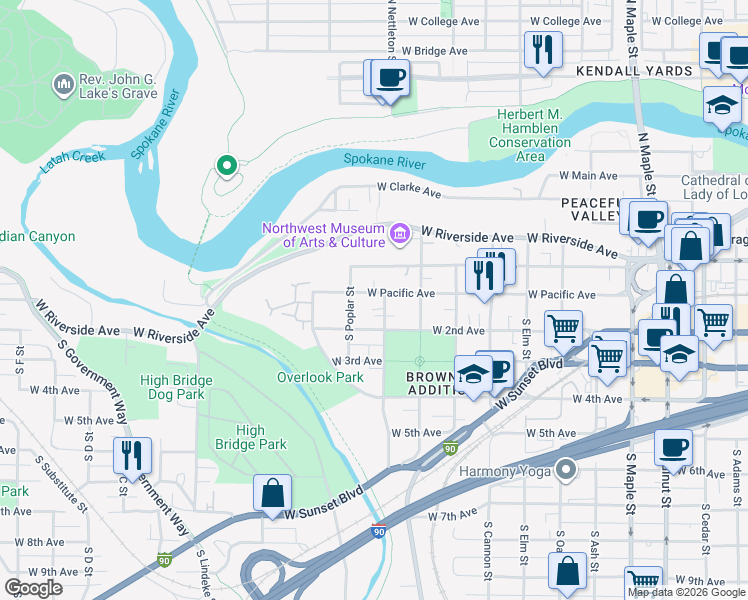 map of restaurants, bars, coffee shops, grocery stores, and more near 2314 West 2nd Avenue in Spokane