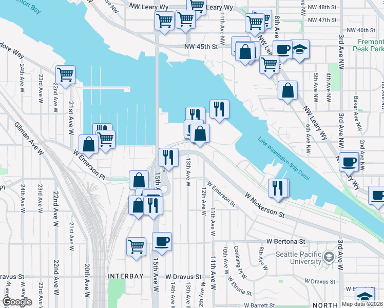 map of restaurants, bars, coffee shops, grocery stores, and more near 3820 13th Avenue West in Seattle