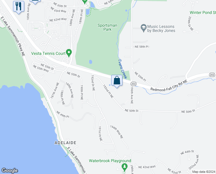 map of restaurants, bars, coffee shops, grocery stores, and more near 5304 192nd Place Northeast in Redmond