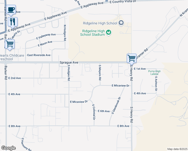 map of restaurants, bars, coffee shops, grocery stores, and more near 120 South Meyers Road in Spokane County