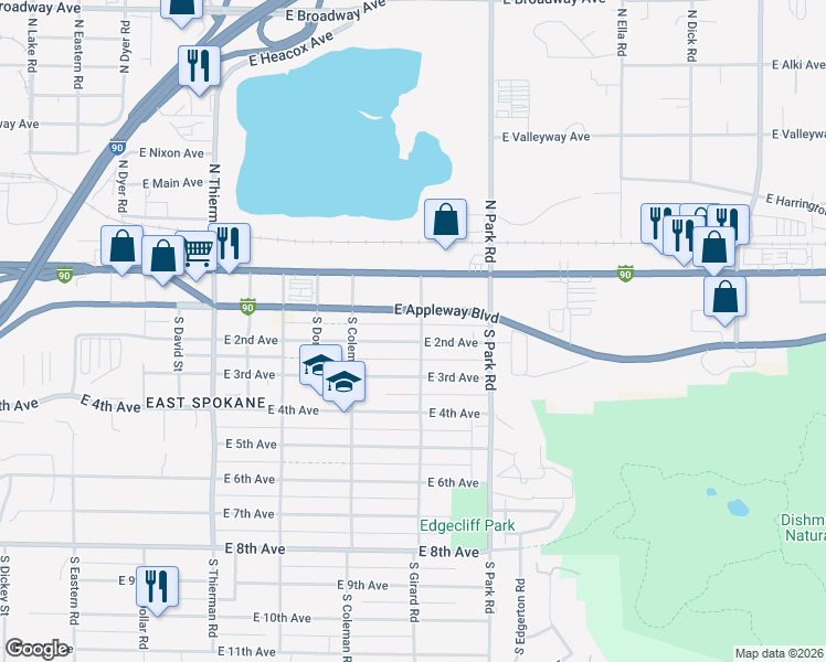 map of restaurants, bars, coffee shops, grocery stores, and more near 7212 East 2nd Avenue in Spokane Valley