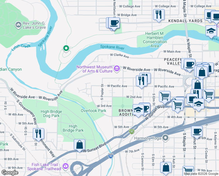 map of restaurants, bars, coffee shops, grocery stores, and more near 2314 West 2nd Avenue in Spokane