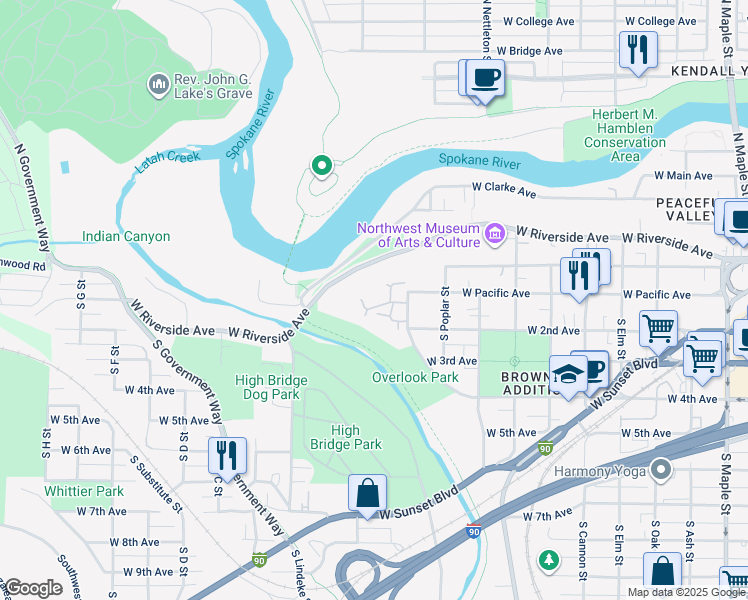 map of restaurants, bars, coffee shops, grocery stores, and more near 160 South Coeur d'Alene Street in Spokane