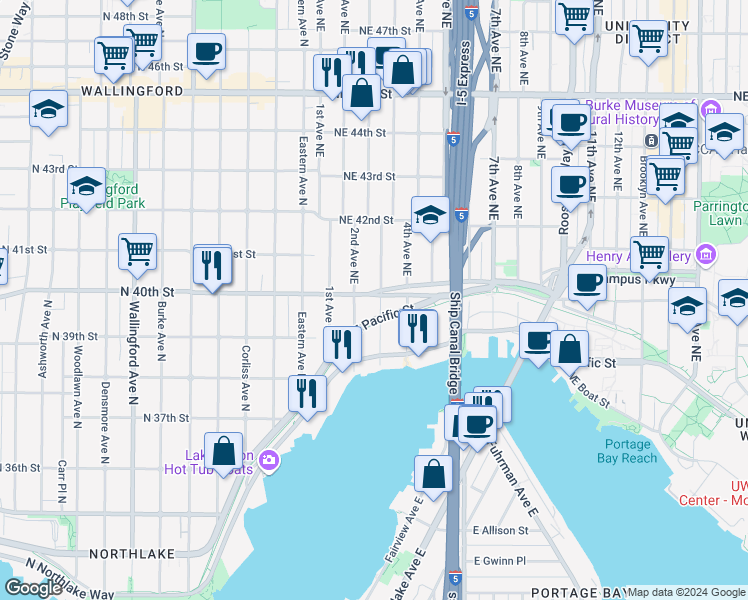 map of restaurants, bars, coffee shops, grocery stores, and more near 3914 2nd Avenue Northeast in Seattle