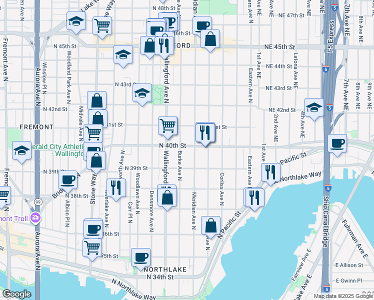 map of restaurants, bars, coffee shops, grocery stores, and more near 3923 Meridian Avenue North in Seattle