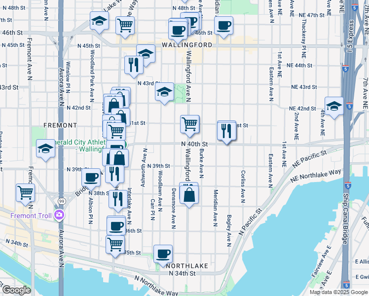 map of restaurants, bars, coffee shops, grocery stores, and more near in Seattle