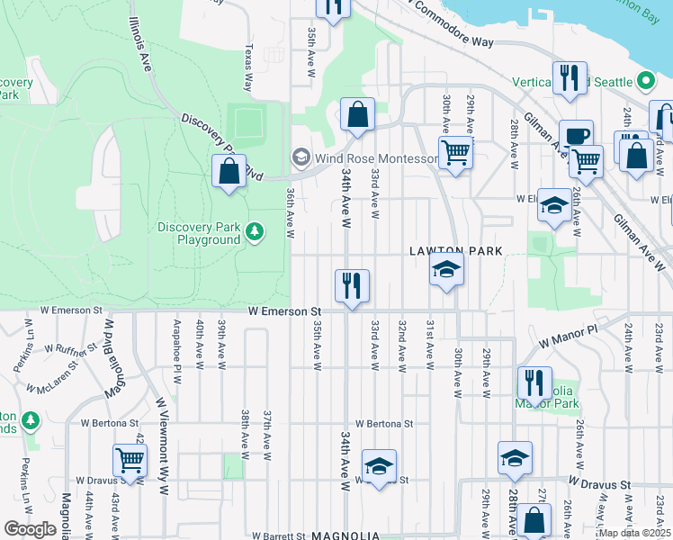 map of restaurants, bars, coffee shops, grocery stores, and more near 3831 34th Avenue West in Seattle