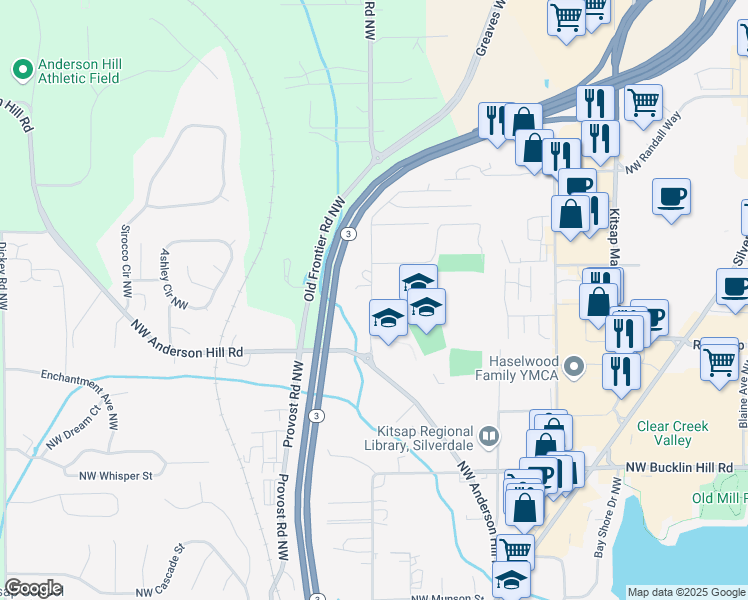 map of restaurants, bars, coffee shops, grocery stores, and more near 10125 Frontier Place Northwest in Silverdale