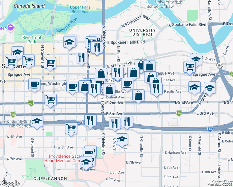 map of restaurants, bars, coffee shops, grocery stores, and more near 165 South Pine Street in Spokane