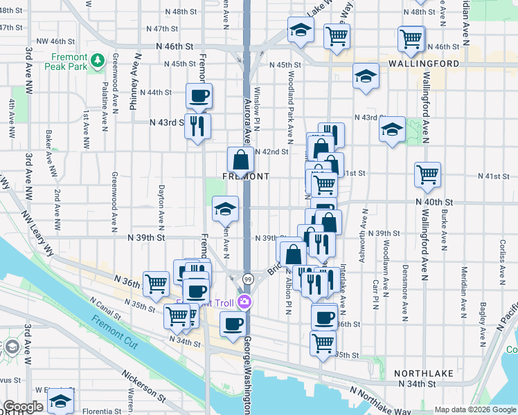 map of restaurants, bars, coffee shops, grocery stores, and more near 3926 Whitman Avenue North in Seattle