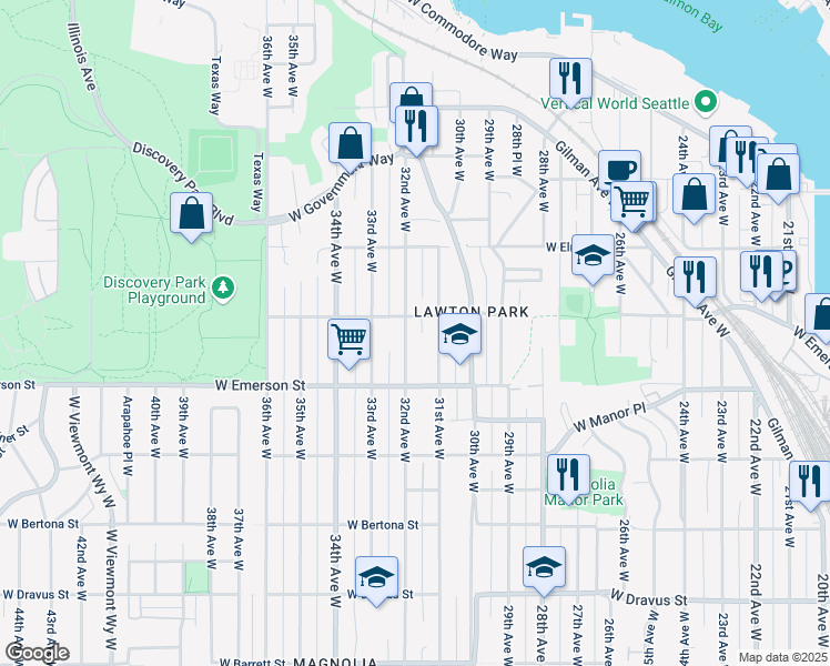 map of restaurants, bars, coffee shops, grocery stores, and more near 3831 32nd Avenue West in Seattle