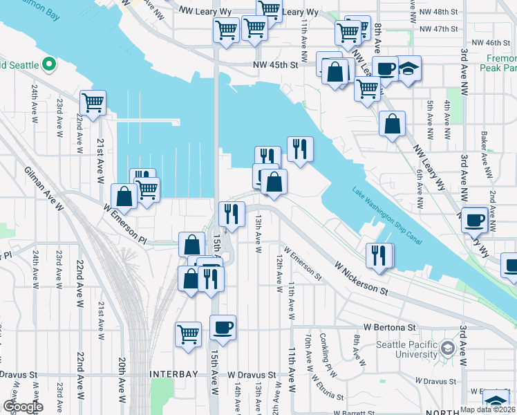 map of restaurants, bars, coffee shops, grocery stores, and more near W Nickerson St & 13th Ave W in Seattle