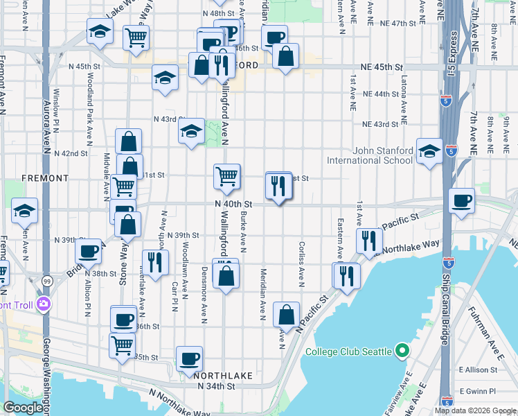 map of restaurants, bars, coffee shops, grocery stores, and more near 3923 Meridian Avenue North in Seattle