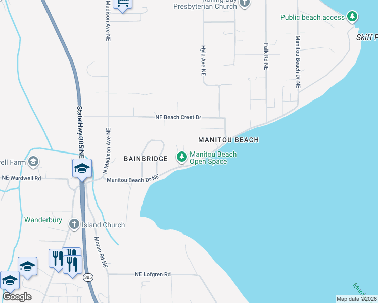 map of restaurants, bars, coffee shops, grocery stores, and more near 9973 Manitou Beach Drive Northeast in Bainbridge Island