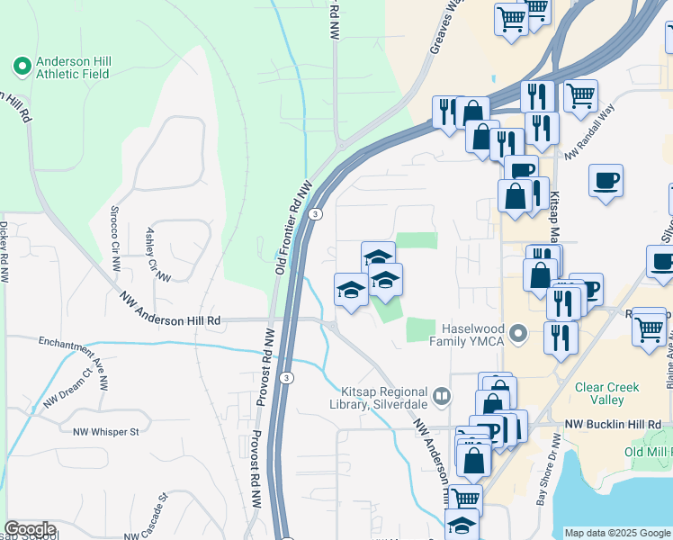 map of restaurants, bars, coffee shops, grocery stores, and more near 10130 Frontier Place Northwest in Silverdale