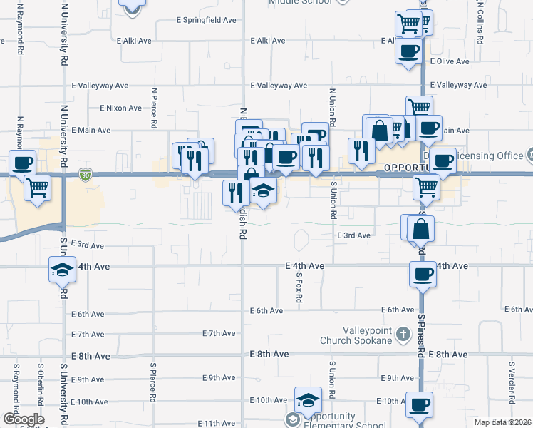map of restaurants, bars, coffee shops, grocery stores, and more near Appleway Trail in Spokane Valley
