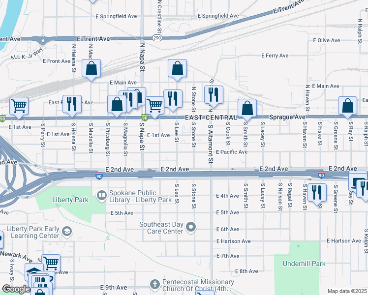 map of restaurants, bars, coffee shops, grocery stores, and more near 2130 East Pacific Avenue in Spokane