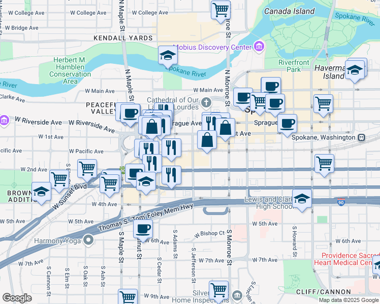 map of restaurants, bars, coffee shops, grocery stores, and more near in Spokane