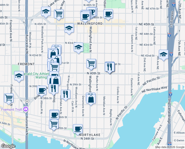 map of restaurants, bars, coffee shops, grocery stores, and more near 3923 Burke Avenue North in Seattle