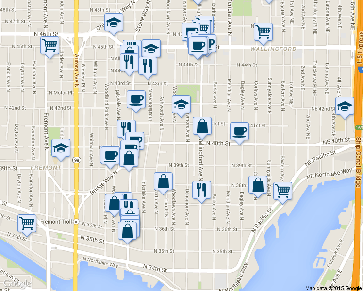 map of restaurants, bars, coffee shops, grocery stores, and more near 3922 Woodlawn Avenue North in Seattle