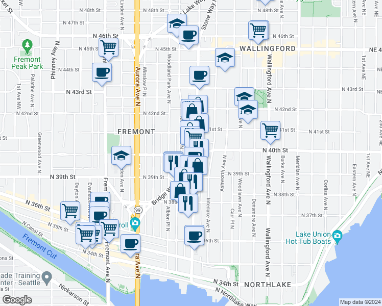 map of restaurants, bars, coffee shops, grocery stores, and more near 3919 Stone Way North in Seattle