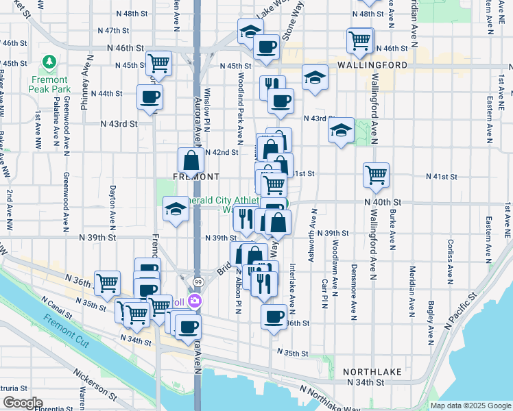 map of restaurants, bars, coffee shops, grocery stores, and more near 3919 Stone Way North in Seattle