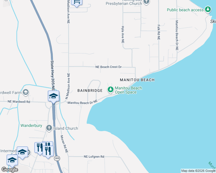 map of restaurants, bars, coffee shops, grocery stores, and more near 9865 Manitou Beach Drive Northeast in Bainbridge Island