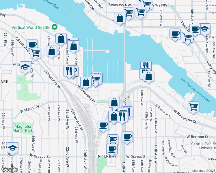 map of restaurants, bars, coffee shops, grocery stores, and more near 1999 West Nickerson Street in Seattle
