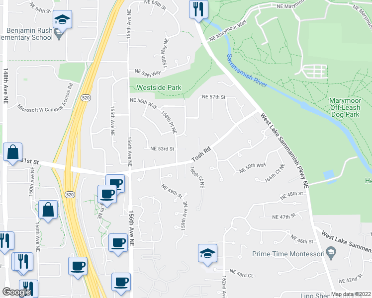 map of restaurants, bars, coffee shops, grocery stores, and more near 18530 Northeast 53rd Street in Redmond