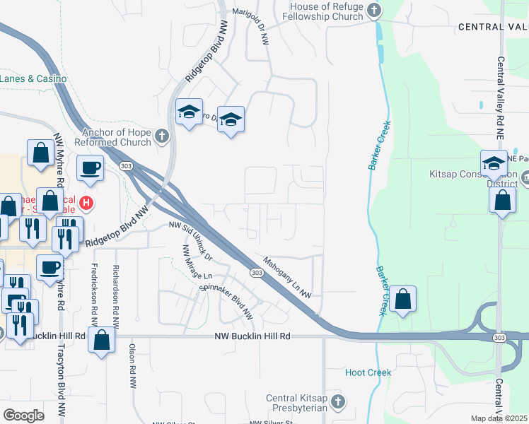 map of restaurants, bars, coffee shops, grocery stores, and more near 1105 Northwest Hogan Lane in Bremerton