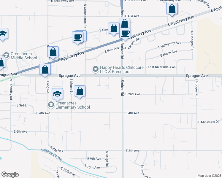 map of restaurants, bars, coffee shops, grocery stores, and more near 18505 East 4th Avenue in Spokane Valley