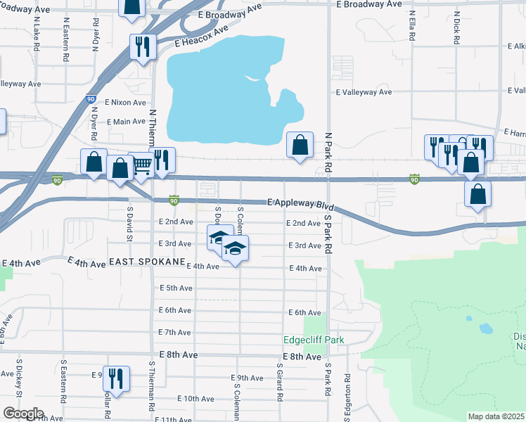 map of restaurants, bars, coffee shops, grocery stores, and more near 7212 East 2nd Avenue in Spokane Valley