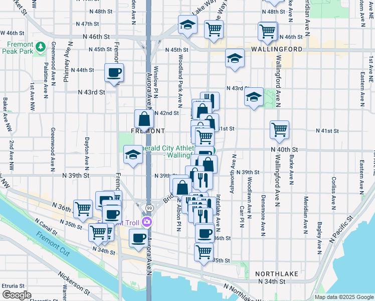 map of restaurants, bars, coffee shops, grocery stores, and more near 3932 Woodland Park Avenue North in Seattle