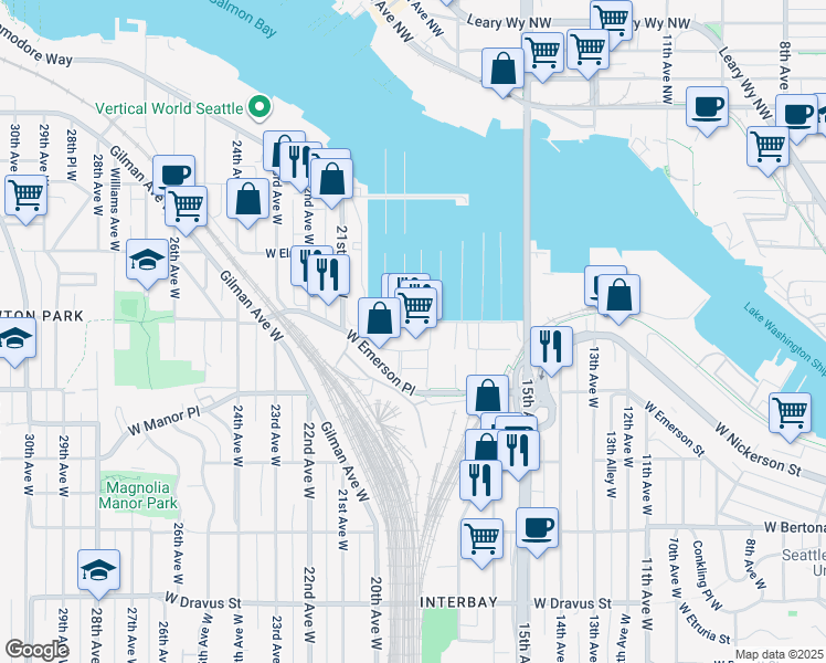 map of restaurants, bars, coffee shops, grocery stores, and more near 1723 West Nickerson Street in Seattle