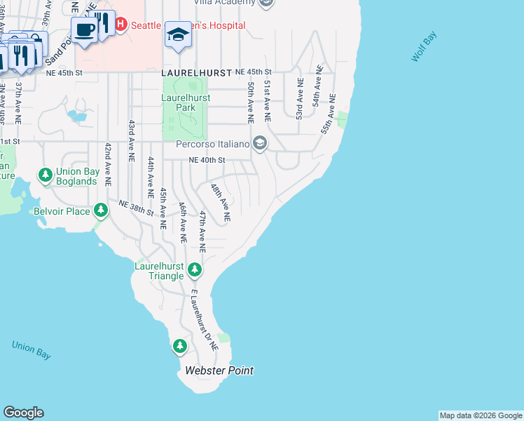 map of restaurants, bars, coffee shops, grocery stores, and more near 3638 50th Avenue Northeast in Seattle