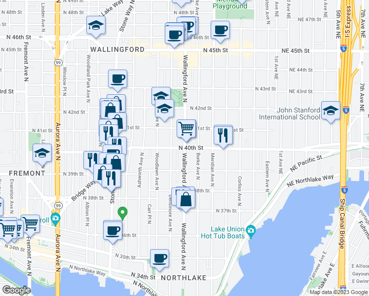 map of restaurants, bars, coffee shops, grocery stores, and more near Wallingford Ave N & N 40th St in Seattle