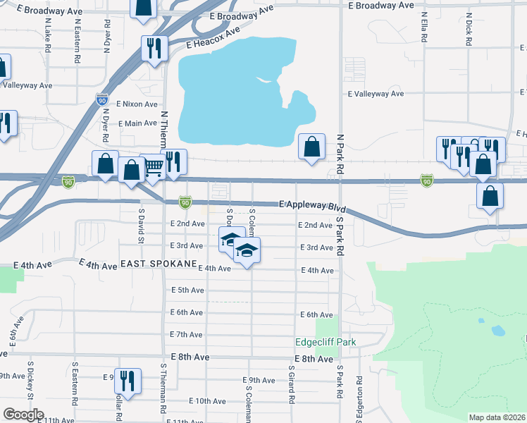 map of restaurants, bars, coffee shops, grocery stores, and more near 7108 East 2nd Avenue in Spokane Valley