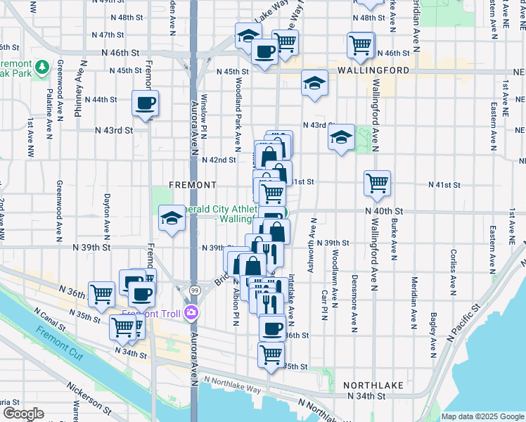 map of restaurants, bars, coffee shops, grocery stores, and more near 4006 Midvale Avenue North in Seattle