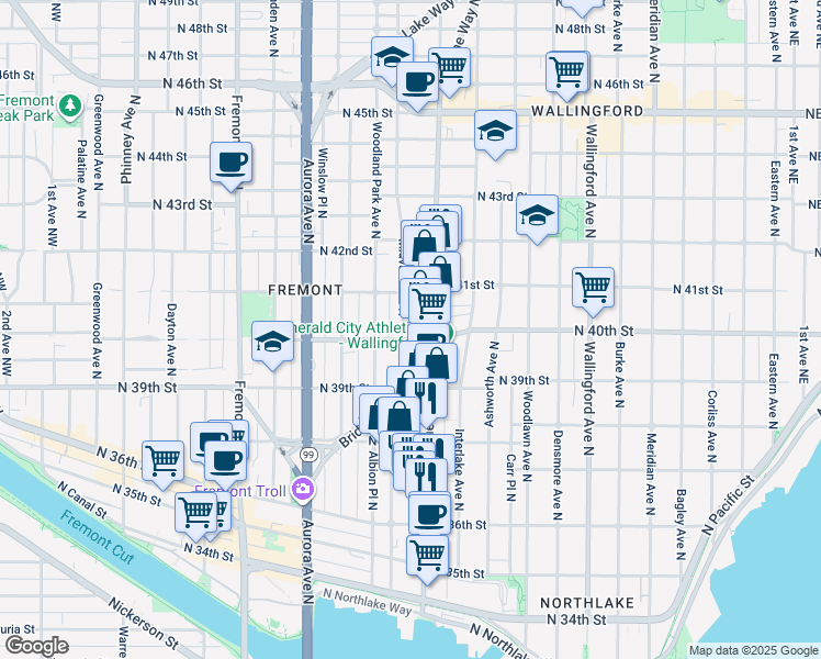map of restaurants, bars, coffee shops, grocery stores, and more near 4006 Midvale Avenue North in Seattle