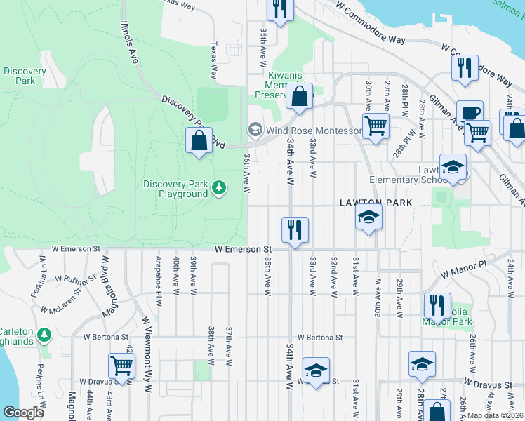 map of restaurants, bars, coffee shops, grocery stores, and more near 3830 36th Avenue West in Seattle