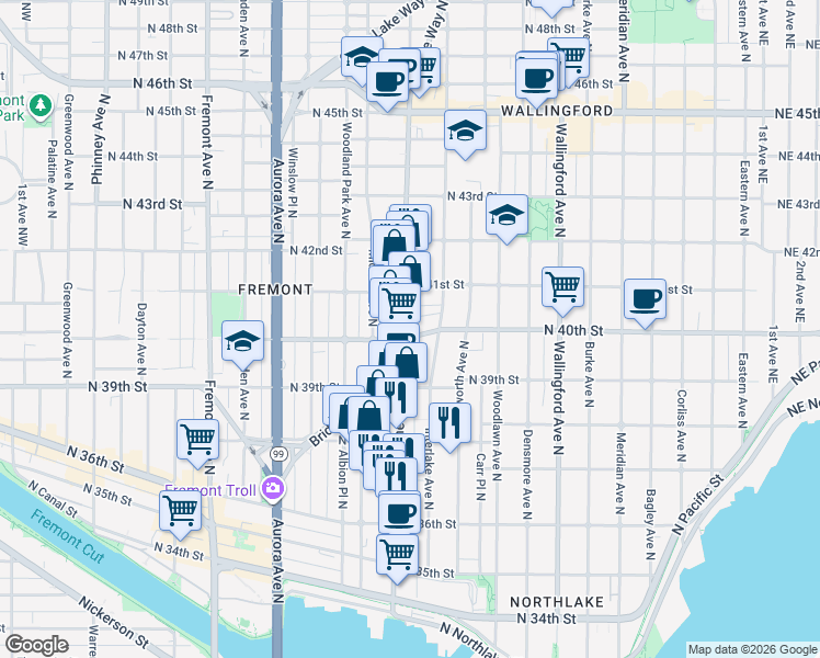 map of restaurants, bars, coffee shops, grocery stores, and more near 3925 Interlake Avenue North in Seattle