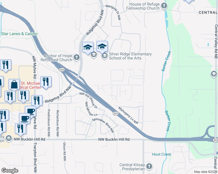 map of restaurants, bars, coffee shops, grocery stores, and more near 1215 Northwest Hogan Lane in Bremerton