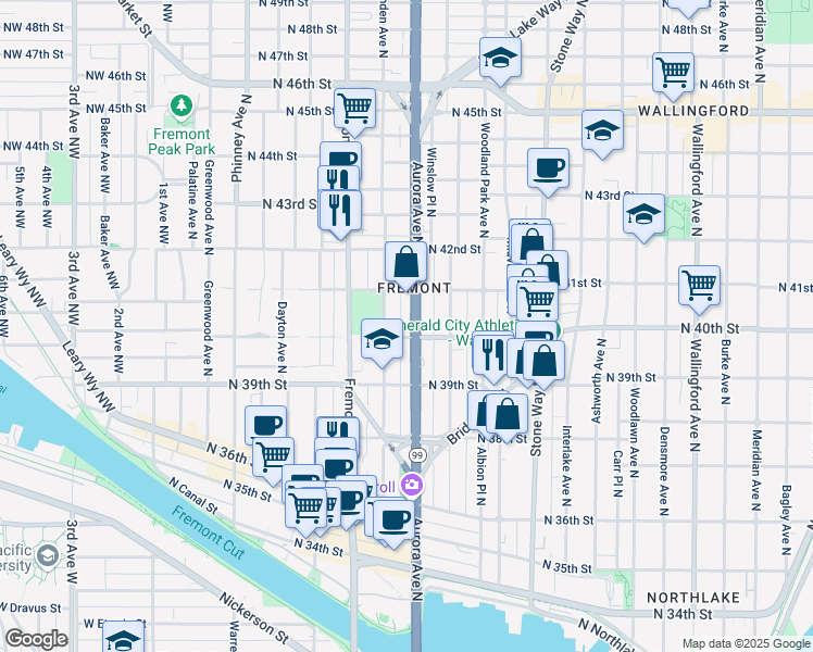 map of restaurants, bars, coffee shops, grocery stores, and more near 3929 Aurora Avenue North in Seattle