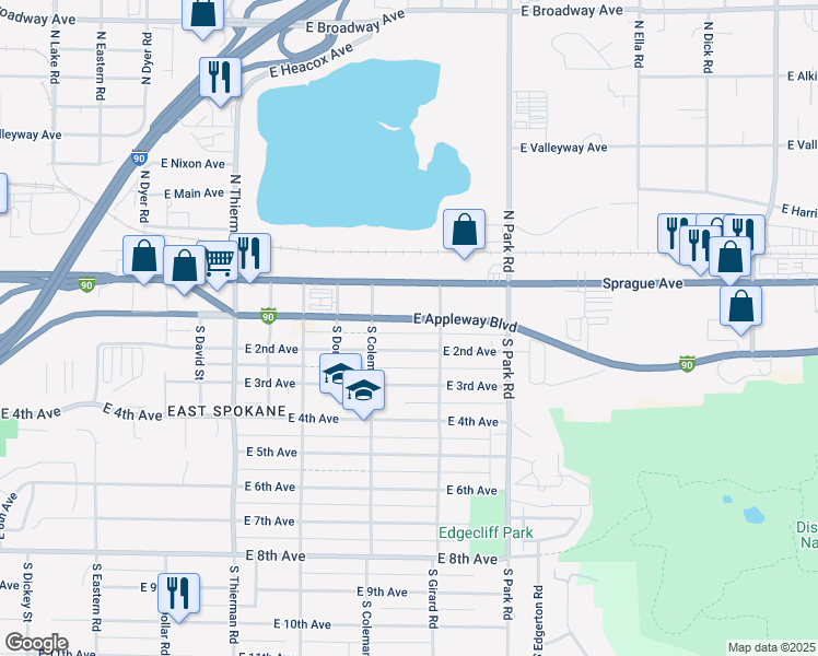 map of restaurants, bars, coffee shops, grocery stores, and more near 7212 East 2nd Avenue in Spokane Valley