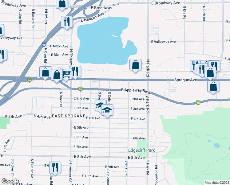 map of restaurants, bars, coffee shops, grocery stores, and more near 7108 East 2nd Avenue in Spokane Valley