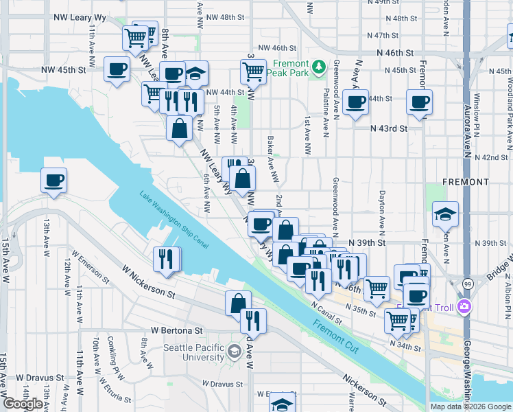 map of restaurants, bars, coffee shops, grocery stores, and more near in Seattle